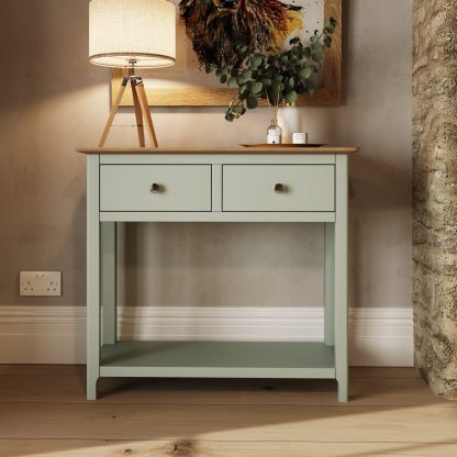 Taberno Oak 2 Drawer Console Hallway Table Sage Green