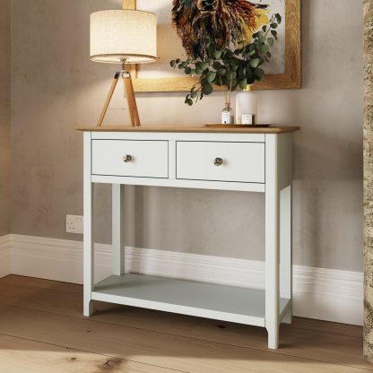 Taberno Oak 2 Drawer Console Hallway Table Linen White - Image 7