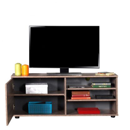 124cm Wide TV Unit with Open Shelves and Cupboard in Latte Oak - Image 5