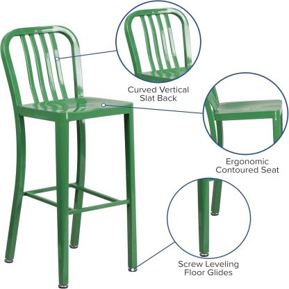 Gael Slat Back Commercial Bar Stool Green - Set of 2 - Modern Galvanised steel - Image 4