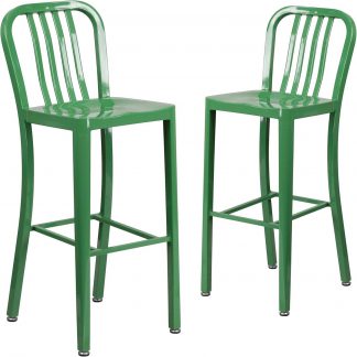 Gael Slat Back Commercial Bar Stool Green - Set of 2 - Modern Galvanised steel