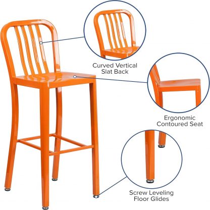 Gael Slat Back Commercial Bar Stool Orange - Set of 2 - Modern Galvanised steel - Image 4