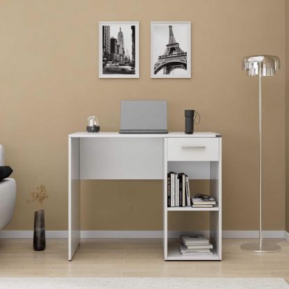 Adore Matt White Study Desk with Drawer & Shelves