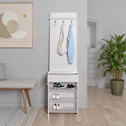 Adore White Hall Stand with Drawer, Hooks & Shoe Cupboard - Entryway Organiser - Image 3