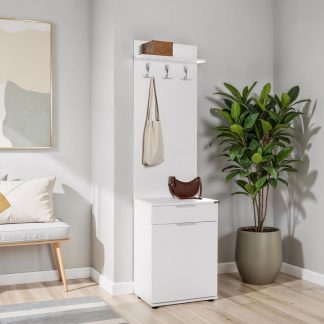 Adore White Hall Stand with Drawer, Hooks & Shoe Cupboard - Entryway Organiser