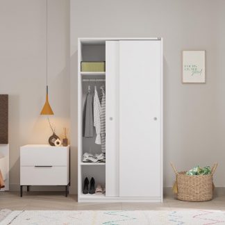 Adore Matt White Sliding 2 Door Wardrobe Half Hanging Half Shelves
