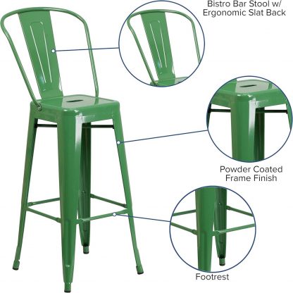 Lily 30" Industrial Style Bar Stool Chair Green - Set of 4 - Modern Metal Bar Height - Image 3