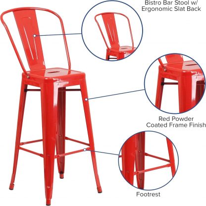 Lily 30" Industrial Style Bar Stool Chair Red - Set of 4 - Modern Metal Bar Height - Image 3