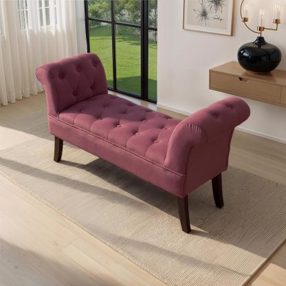 Window Seat Button Tufted Purple Velvet Cushioned Bench - Image 3