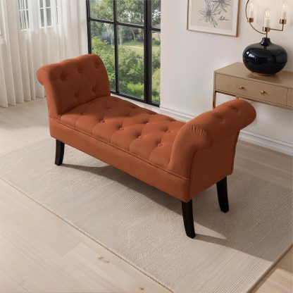 Window Seat Button Tufted Burnt Orange Velvet Cushioned Bench - Image 3