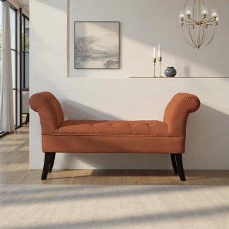 Window Seat Button Tufted Burnt Orange Velvet Cushioned Bench