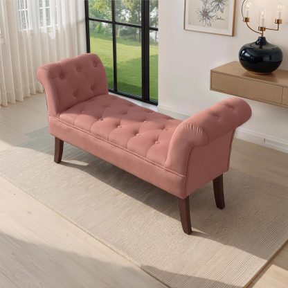 Window Seat Button Tufted Pink Velvet Cushioned Bench - Image 3