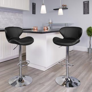 Set Of 2 Black Faux Leather Curved Rotating Barstools