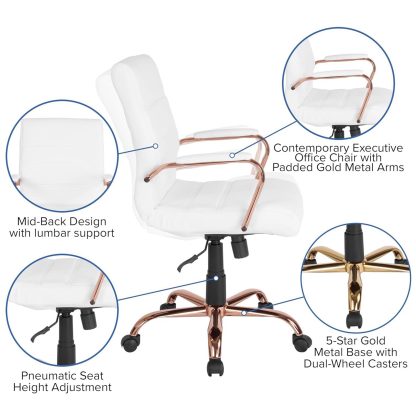 White & Rose Gold Faux Leather Low Back Designer Office Chair - Image 2