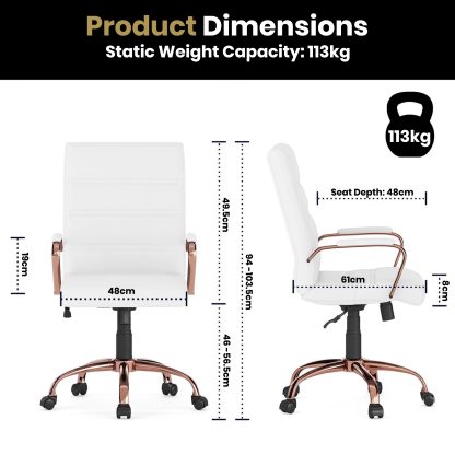 White & Rose Gold Faux Leather Low Back Designer Office Chair - Image 7