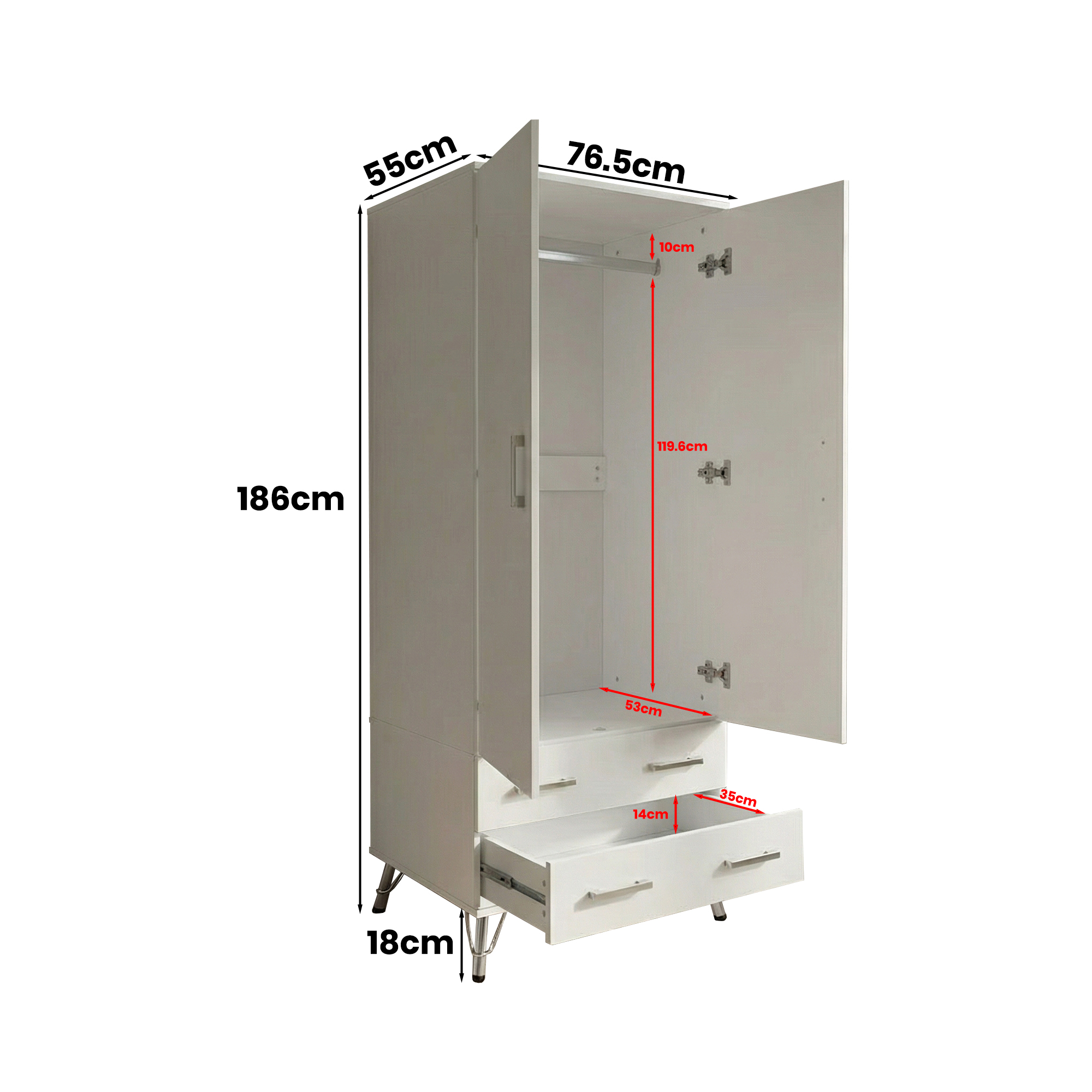 Maldon White 2 Door 2 Drawer Combination Wardrobe - Image 7