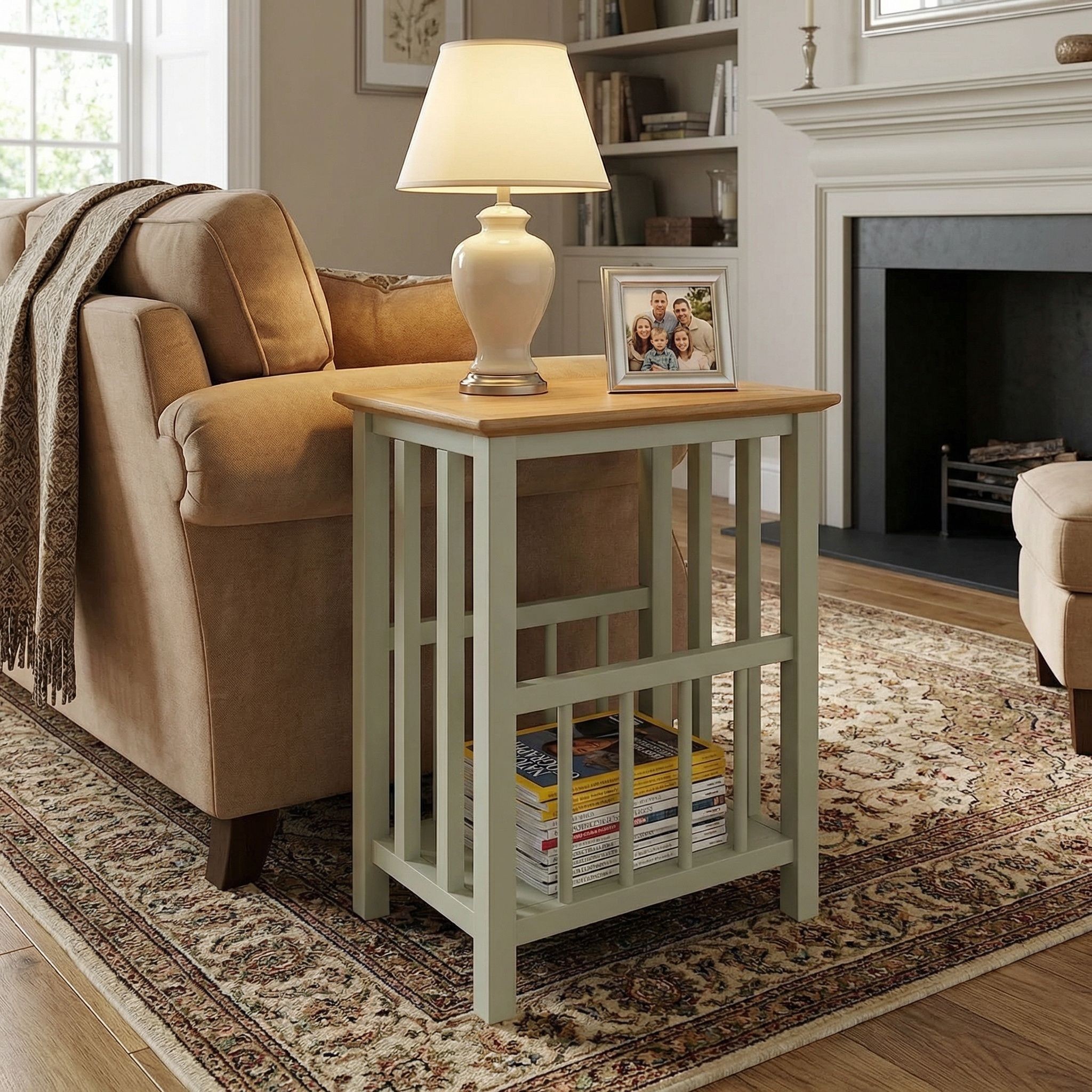 Taberno Oak Magazine Rack Turntable Stand Sage Green - Image 2