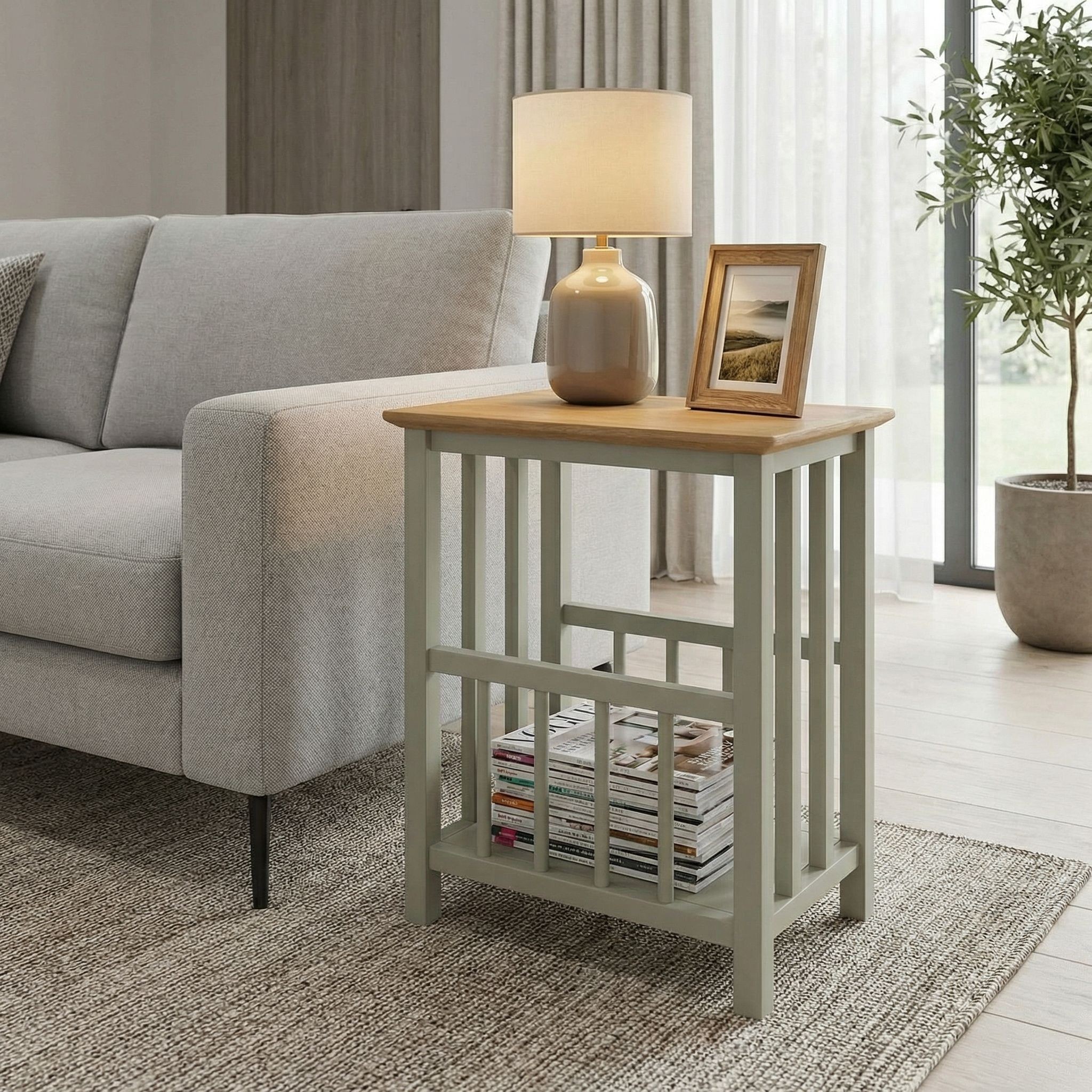 Taberno Oak Magazine Rack Turntable Stand Sage Green - Image 3