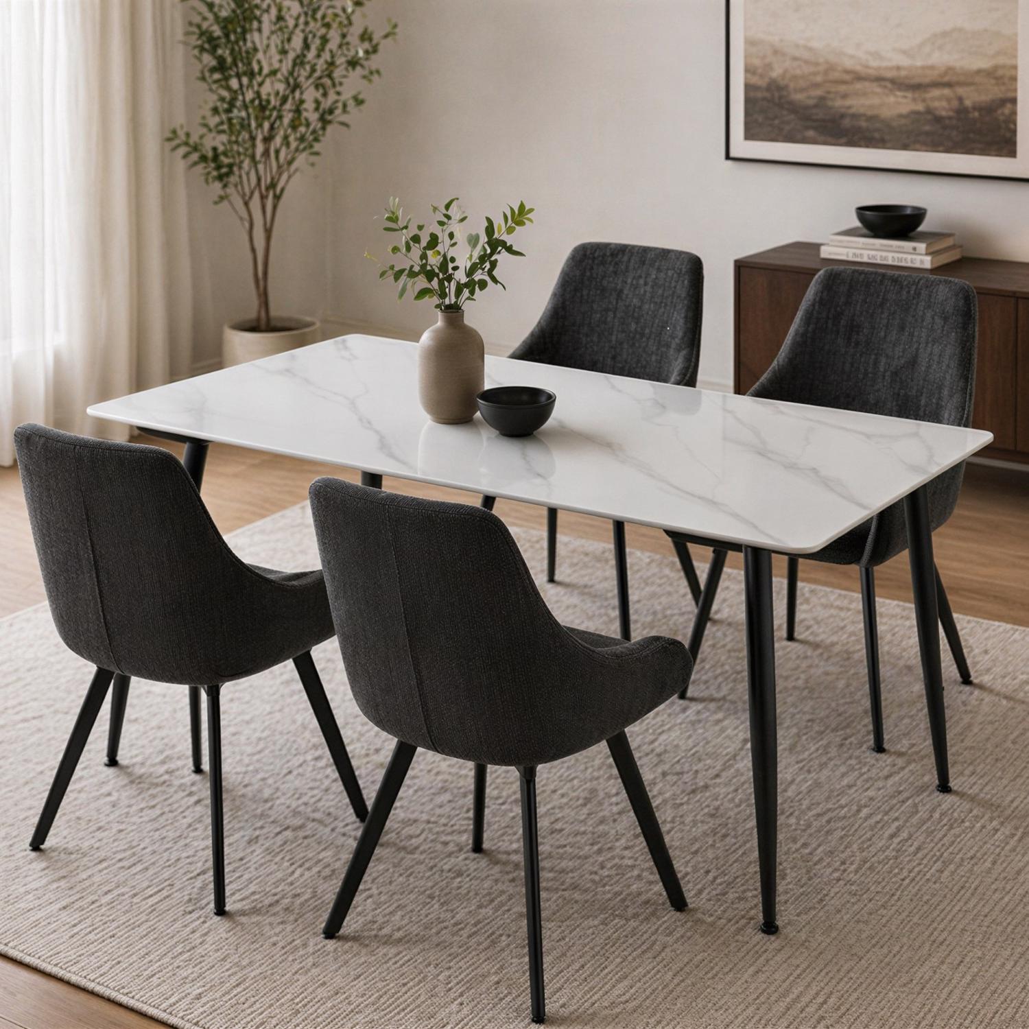 Monaco White Sintered Stone Dining Table With 4 Black Chenille Swivel Chairs - Image 2