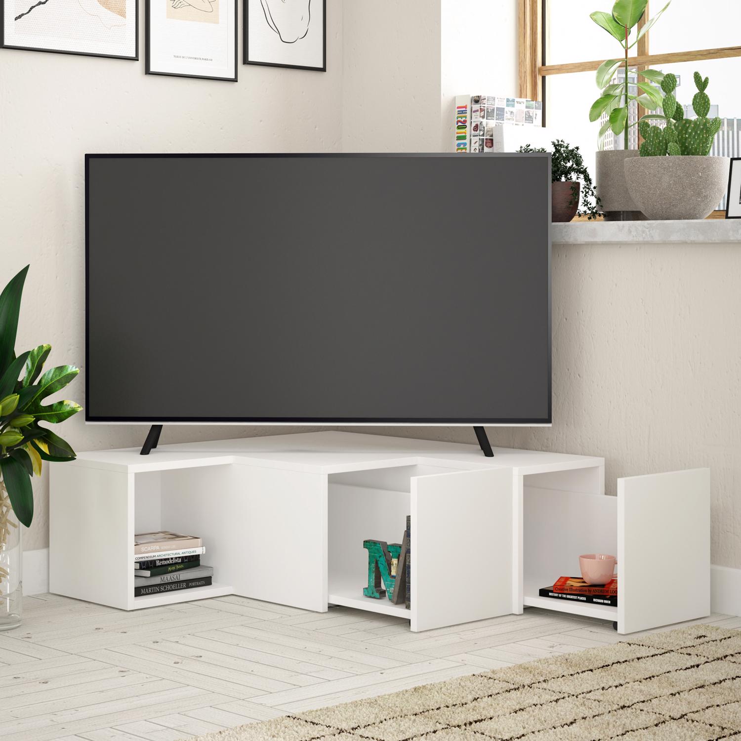 Modern Corner TV Unit With Sliding Storage - White - Image 2