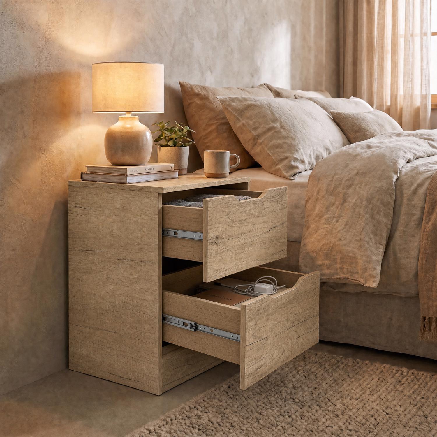 Luno 2 Drawer Bedside Table / Nightstand - Oak - Image 2