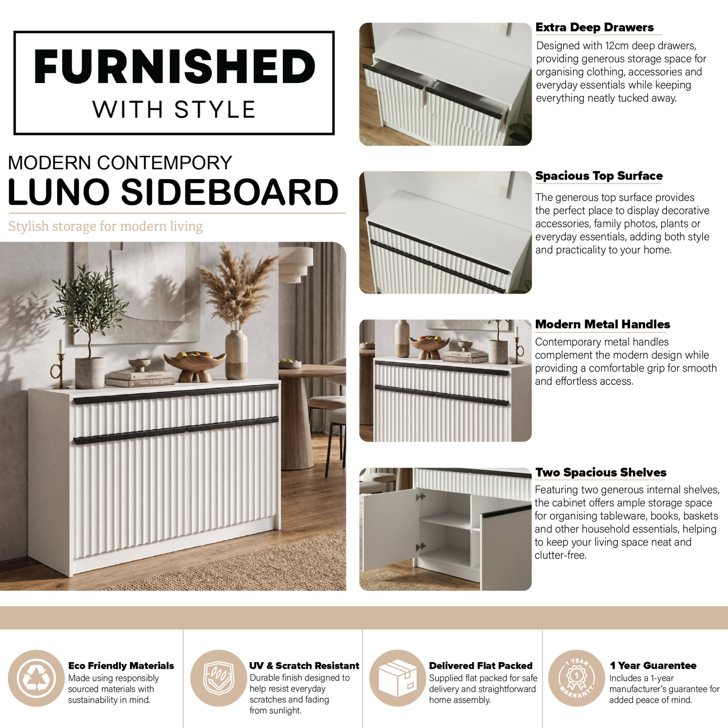 Lania 2 Door 2 Drawer Large Sideboard - Matt White - Image 2