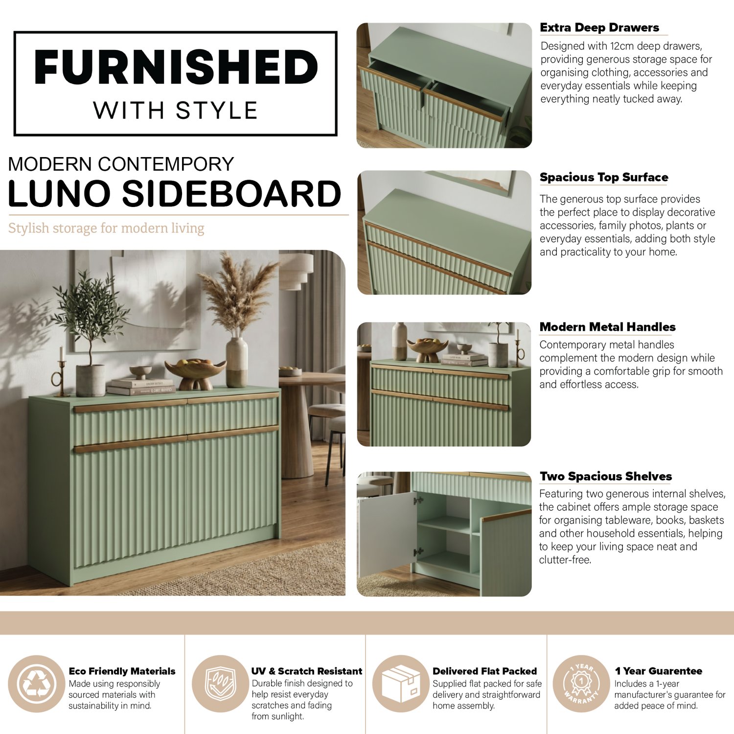 Lania 2 Door 2 Drawer Large Sideboard - Matt Green - Image 2