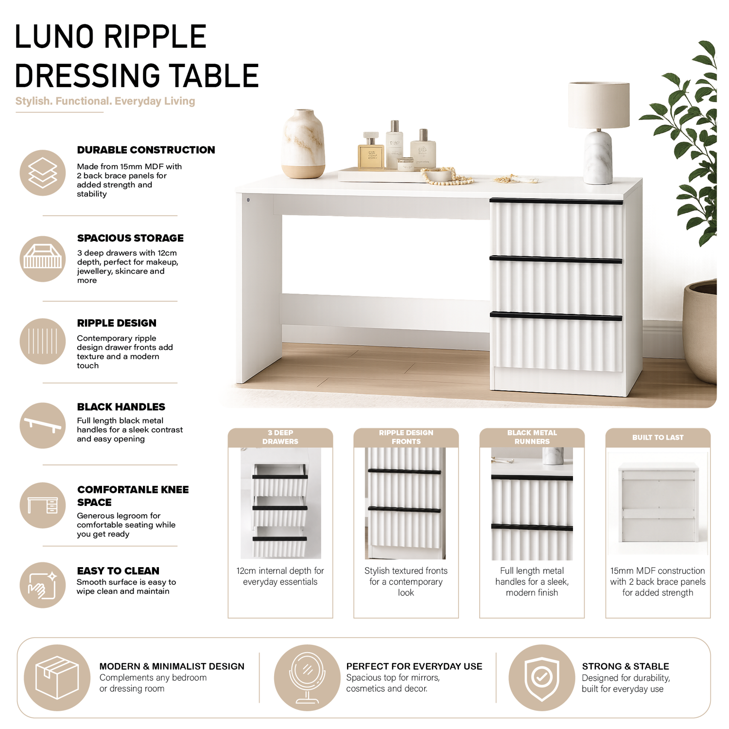 Lania 3 Drawer Dressing Table / Desk - Matt White - Image 4