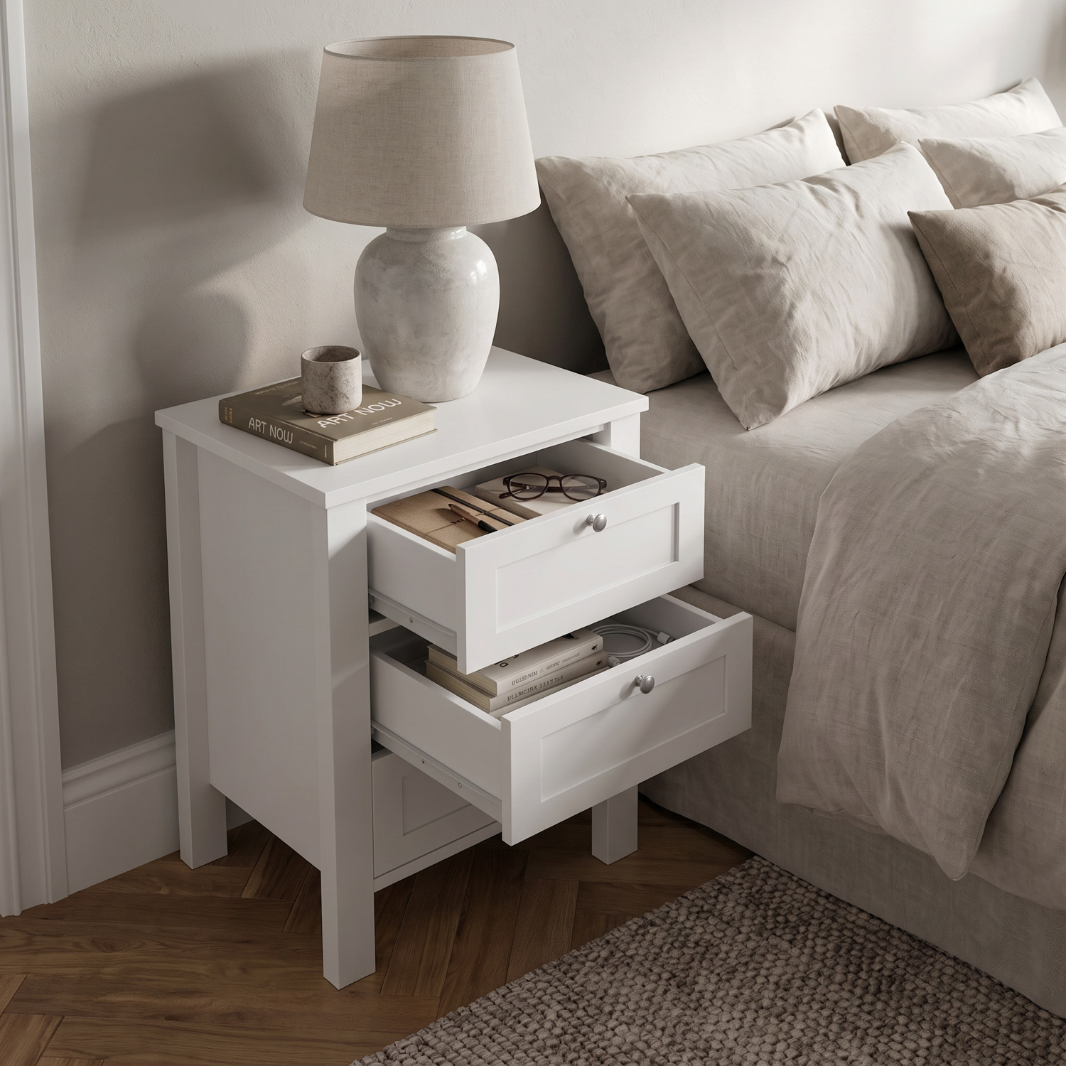 FWStyle Set Of 2 Shaker Style Bedside Tables - White - Image 3