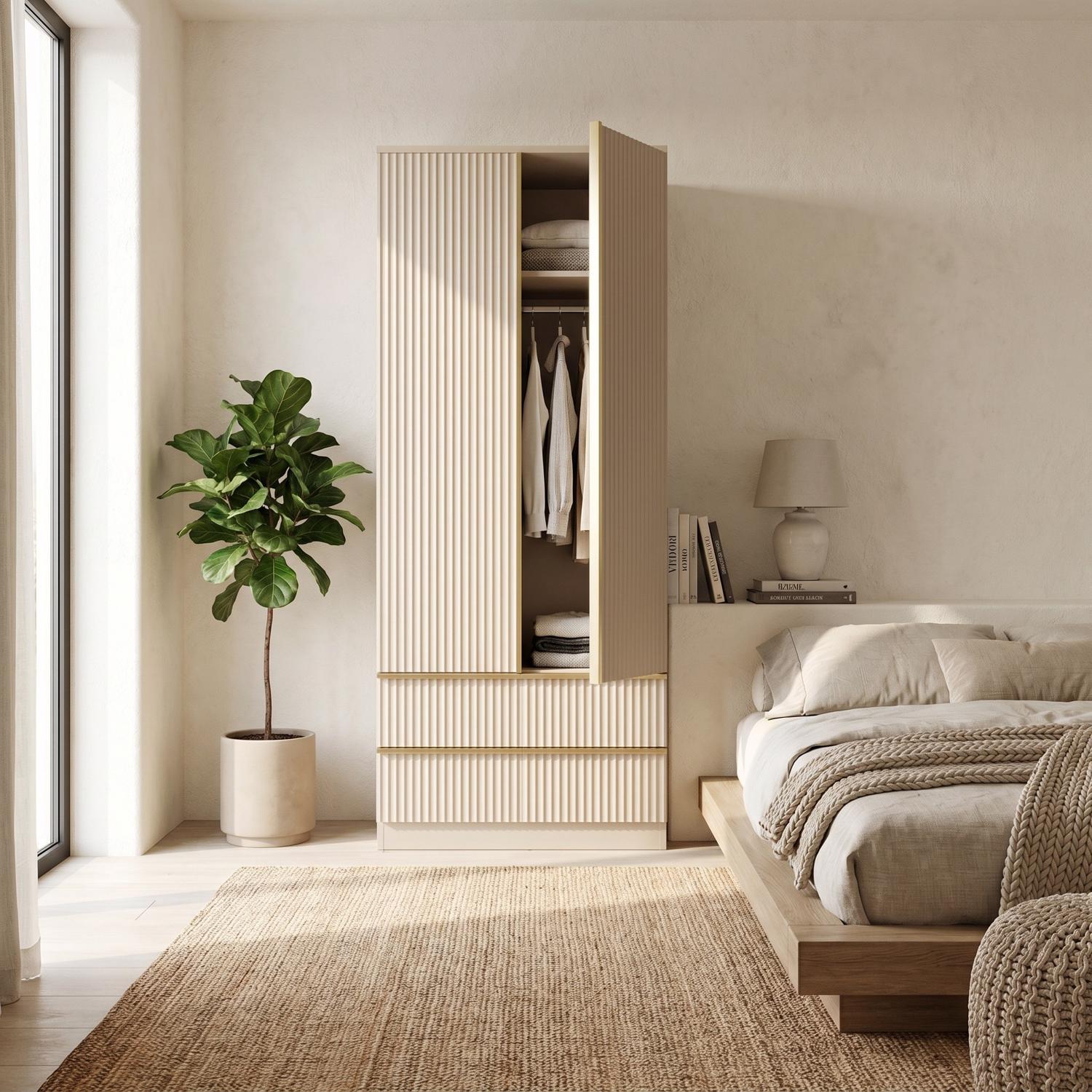Lania Ripple Ridged 2 Door 2 Drawer Combination Wardrobe Beige - Image 3