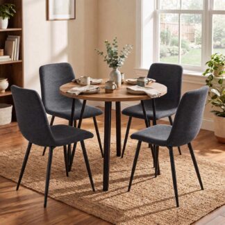 Poppy 90cm Round Natural Oak Dining Table & 4 Evie Grey Dining Chairs