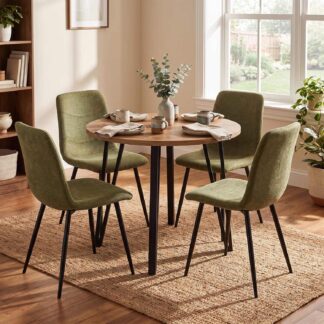 Poppy 90cm Round Natural Oak Dining Table & 4 Evie Green Dining Chairs
