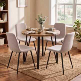 Poppy 90cm Round Natural Oak Dining Table & 4 Esme Light Brown Dining Chairs