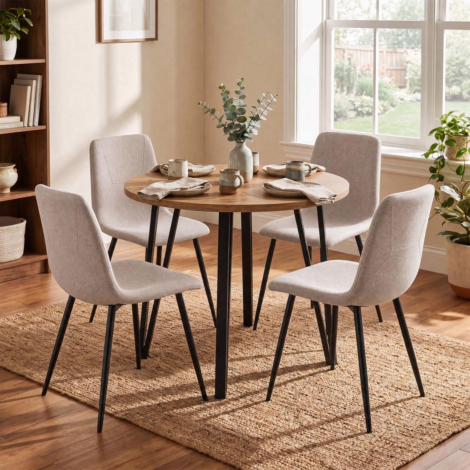 Poppy 90cm Round Natural Oak Dining Table & 4 Esme Light Brown Dining Chairs