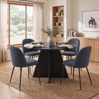 Erin 120cm Round Black Oak Dining Table & 4 Freya Steel Blue Dining Chairs