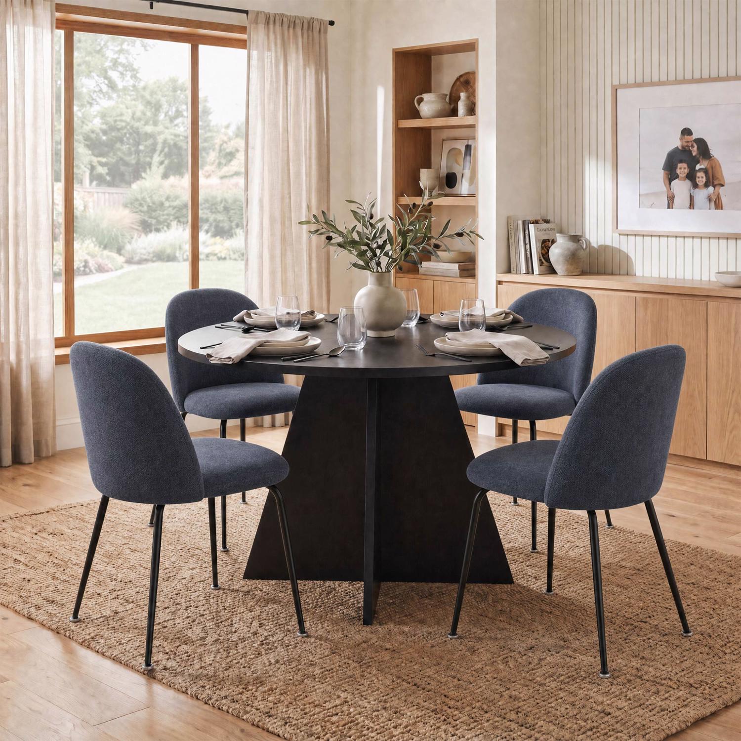 Erin 120cm Round Black Oak Dining Table & 4 Freya Steel Blue Dining Chairs