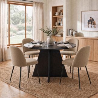 Erin 120cm Round Black Oak Dining Table & 4 Freya Mustard Dining Chairs