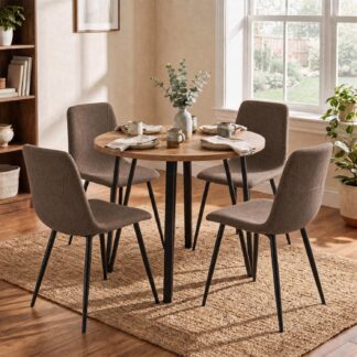 Poppy 90cm Round Natural Oak Dining Table & 4 Esme Dark Brown Dining Chairs