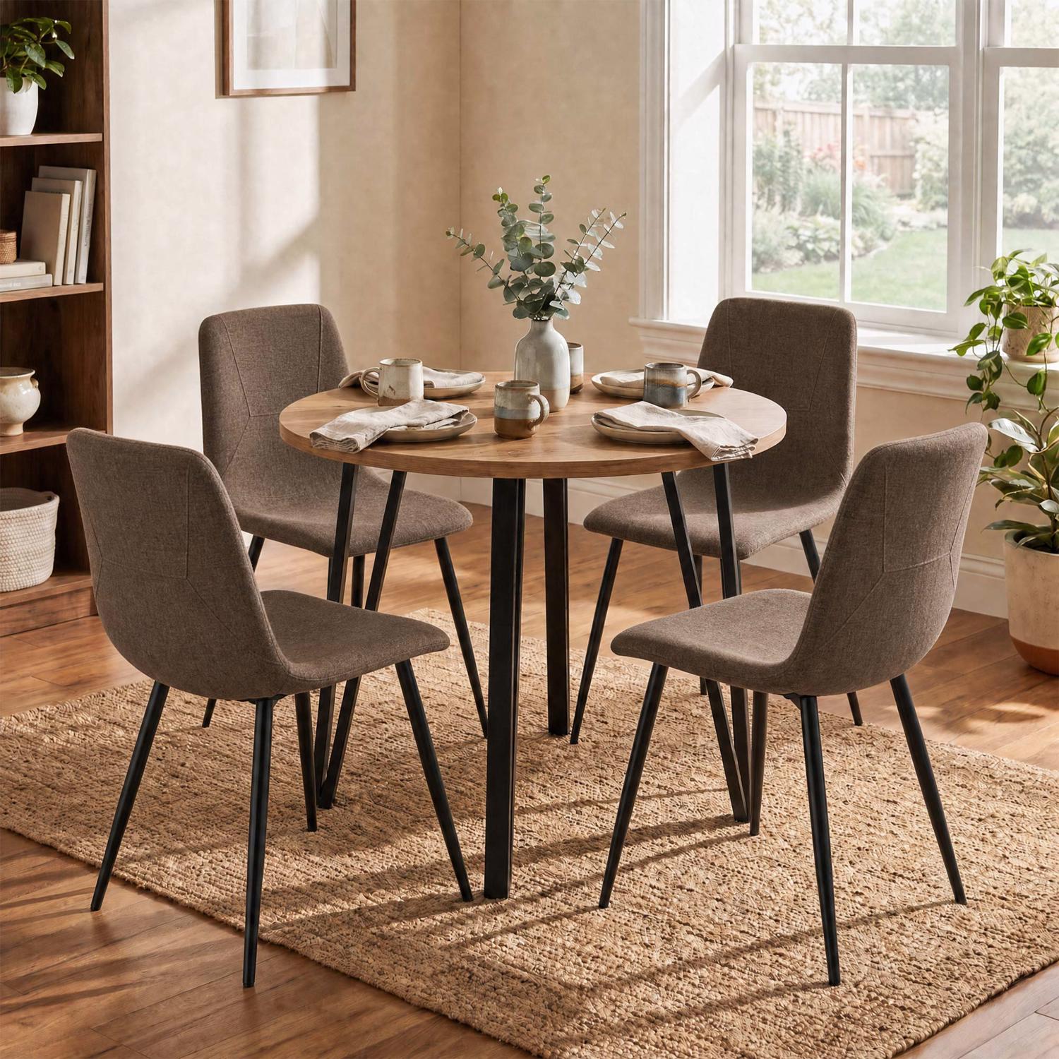 Poppy 90cm Round Natural Oak Dining Table & 4 Esme Dark Brown Dining Chairs