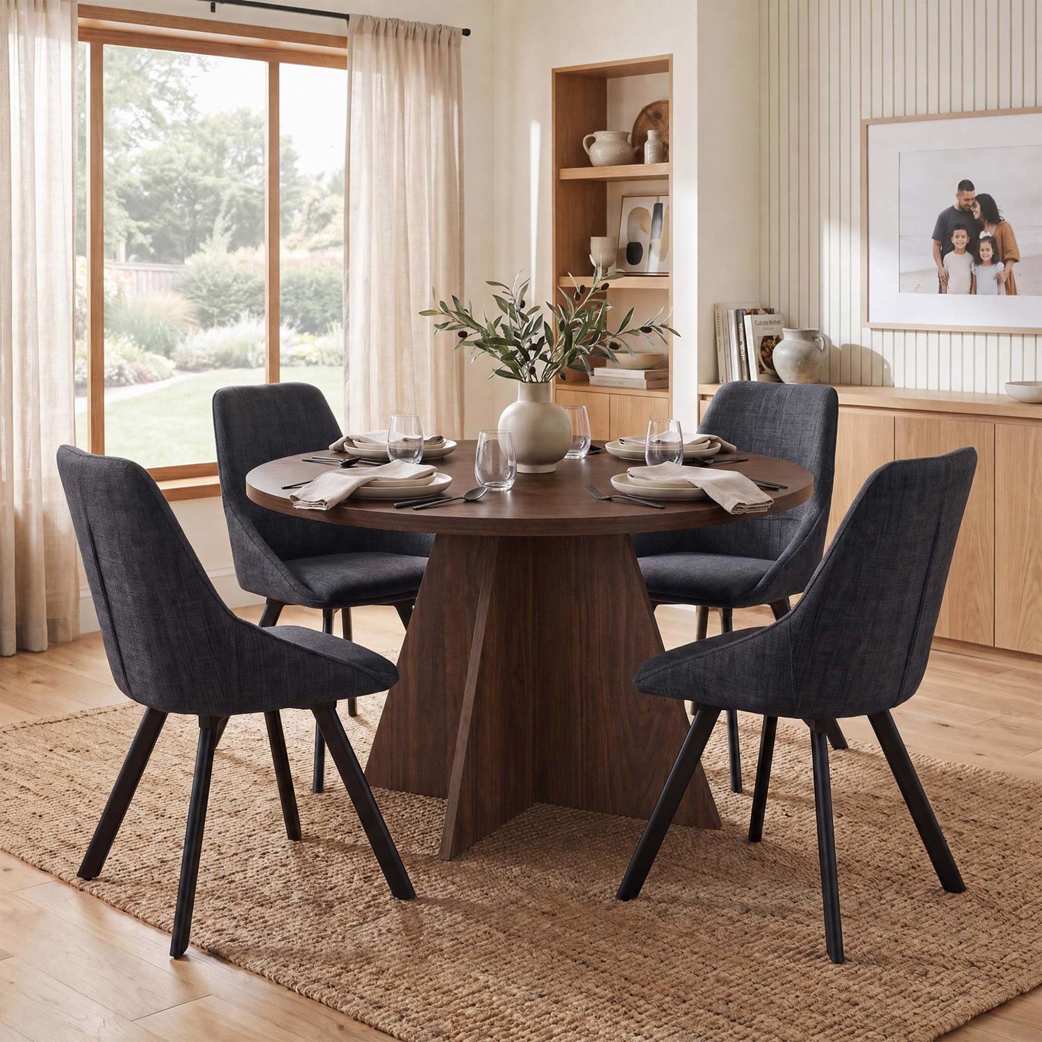 Erin 120cm Round Walnut Dining Table & 4 Myla Black Dining Chairs