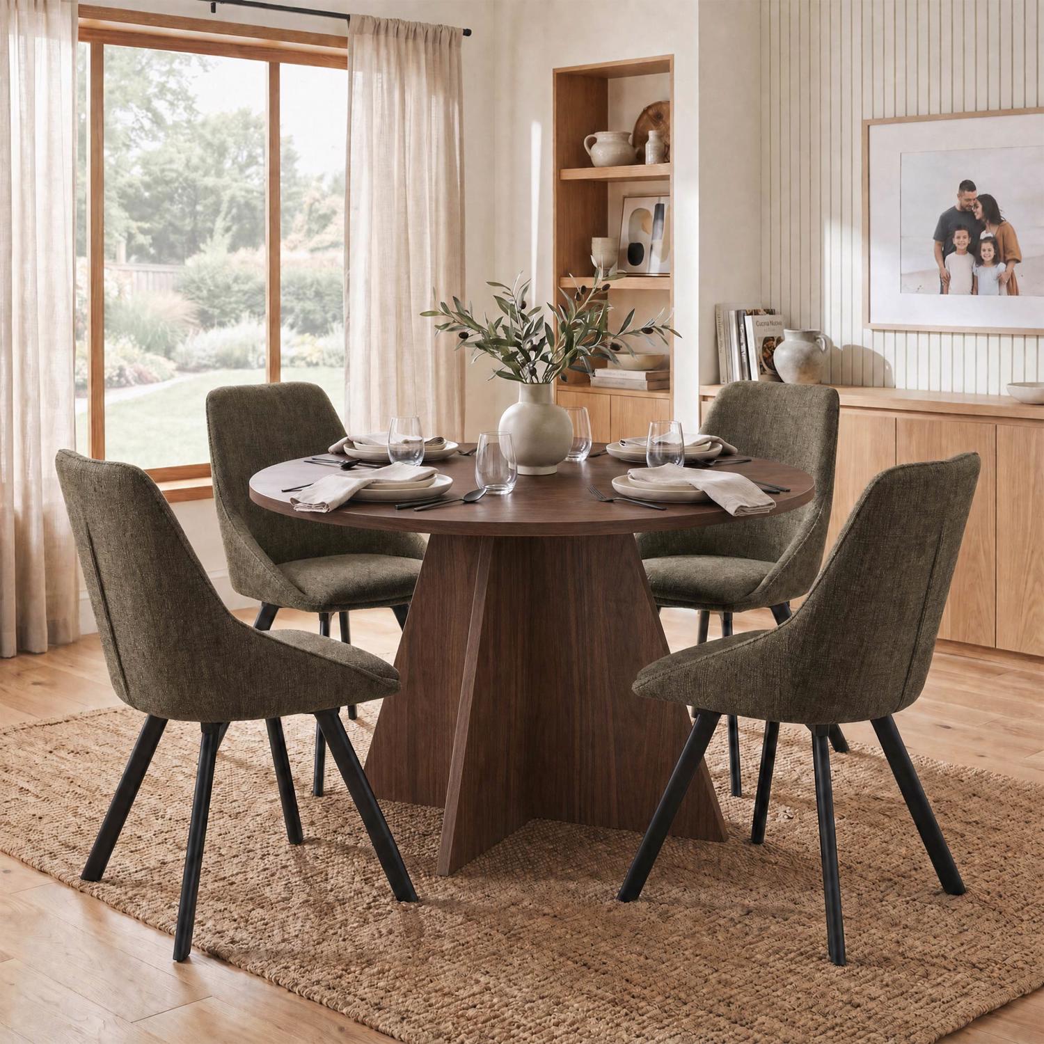 Erin 120cm Round Walnut Dining Table & 4 Myla Green Dining Chairs