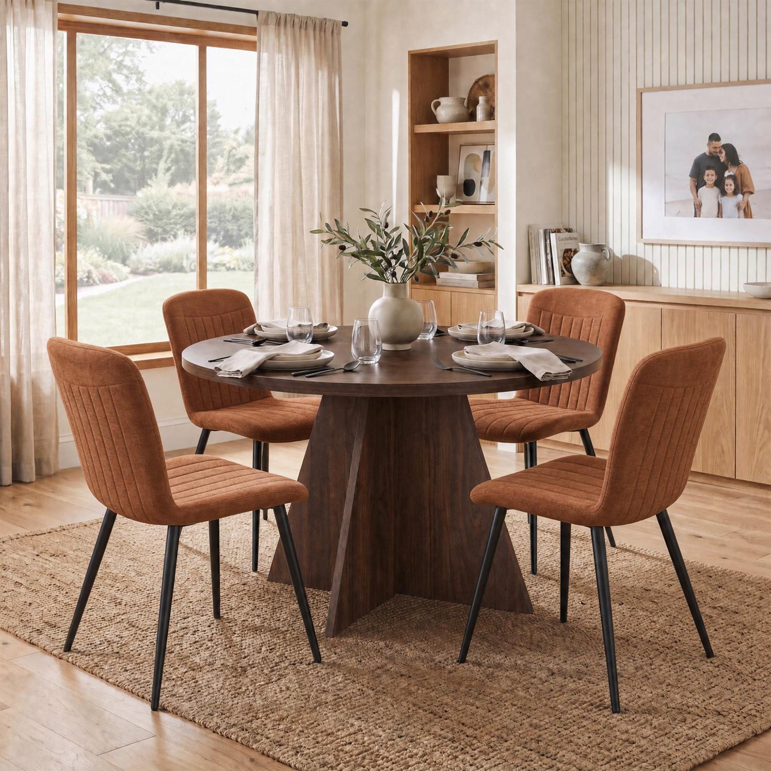 Erin 120cm Round Walnut Dining Table & 4 Grace Chestnut Dining Chairs