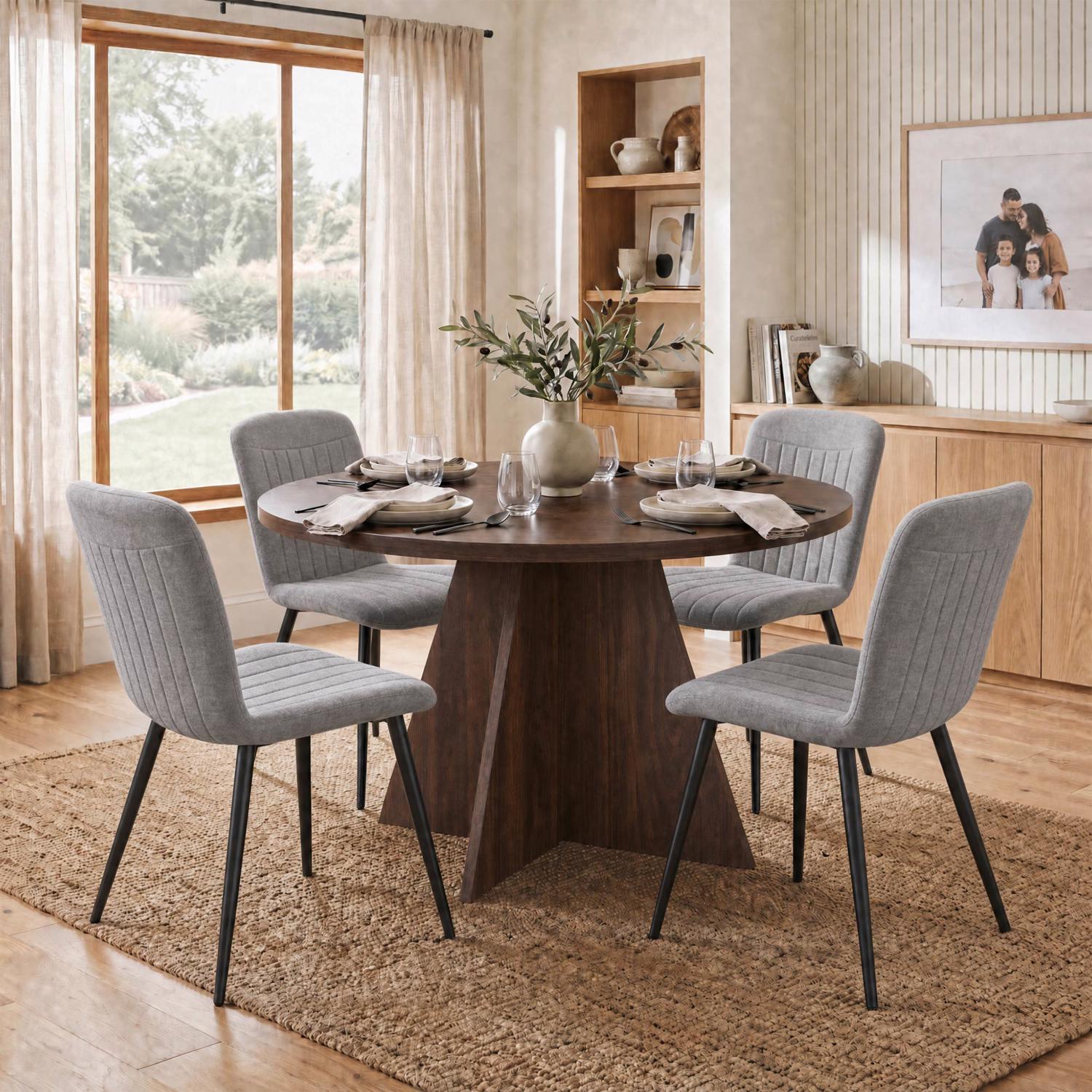 Erin 120cm Round Walnut Dining Table & 4 Grace Grey Dining Chairs