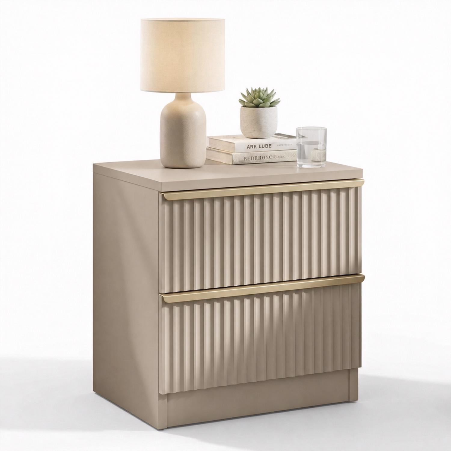 Lania Ripple Ridged 2 Drawer Bedside Table Nightstand Beige - Image 3