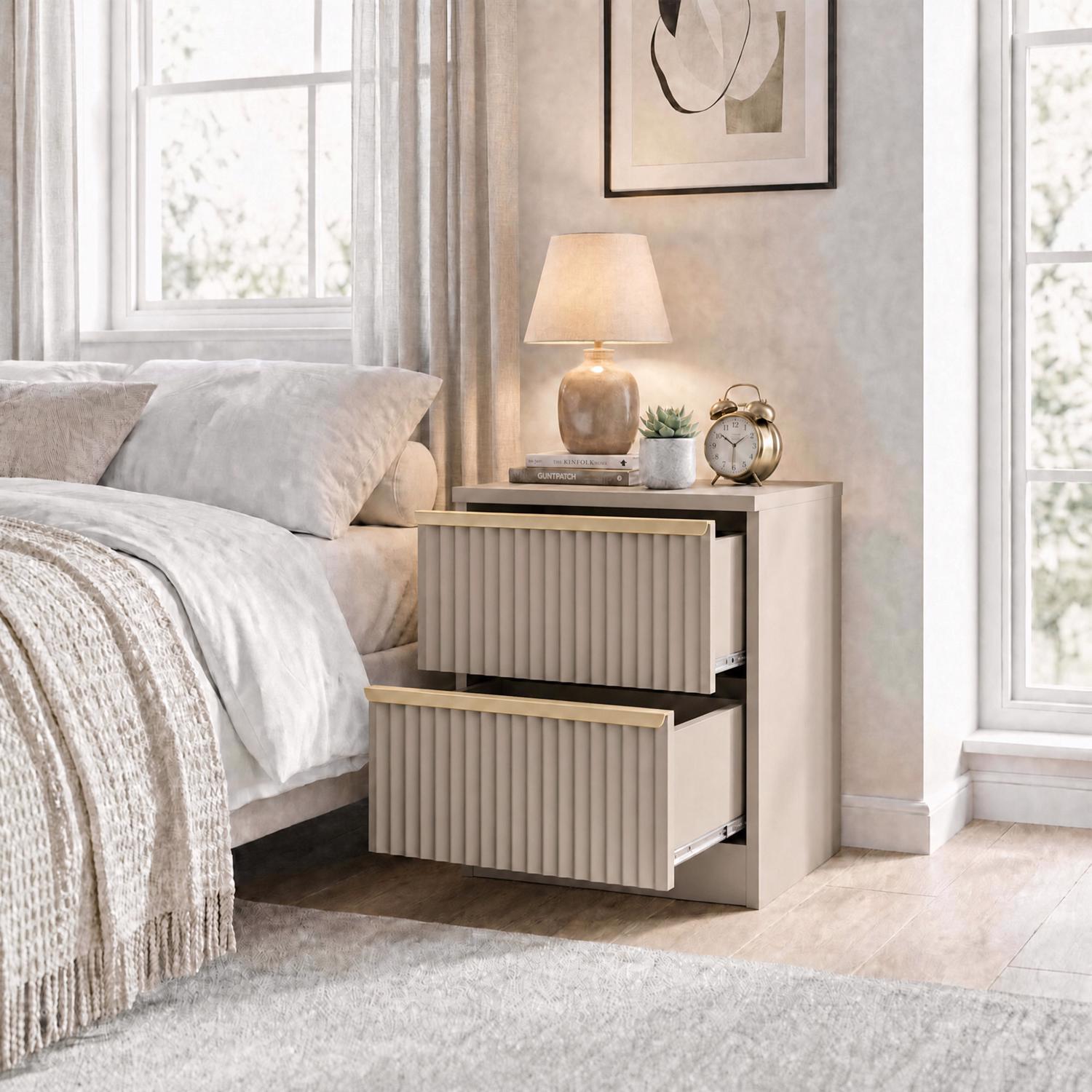 Lania Ripple Ridged 2 Drawer Bedside Table Nightstand Beige - Image 2