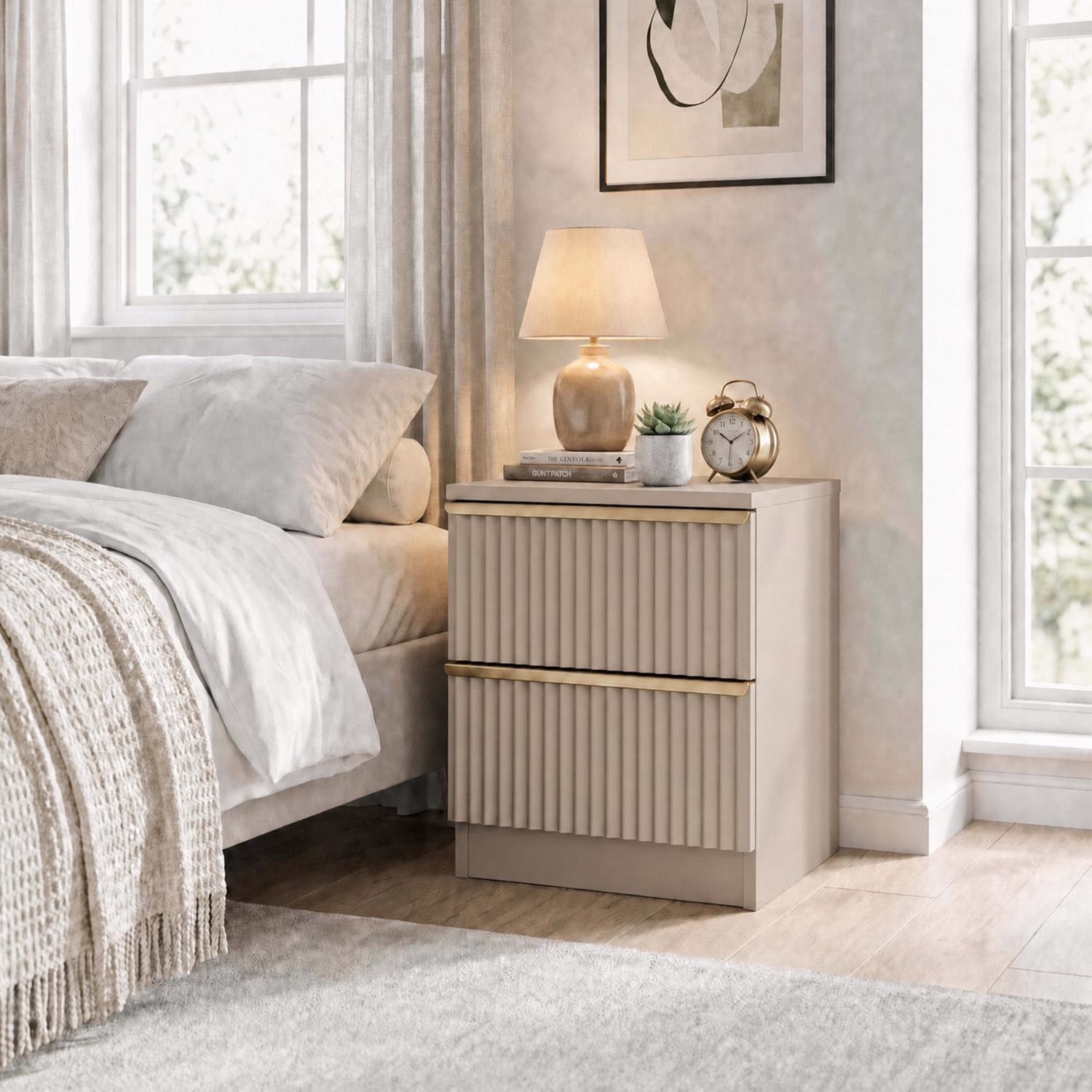 Lania Ripple Ridged 2 Drawer Bedside Table Nightstand Beige