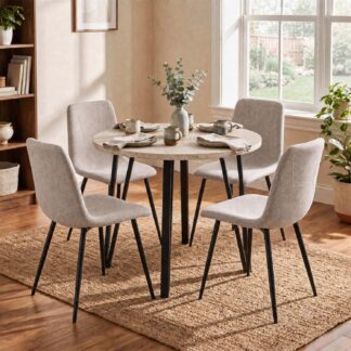 Poppy 90cm Round Travertine Dining Table & 4 Esme Light Brown Dining Chairs