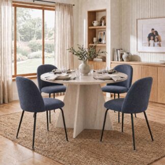Erin 120cm Round Travertine Dining Table & 4 Freya Steel Blue Dining Chairs