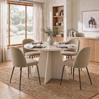 Erin 120cm Round Travertine Dining Table & 4 Freya Mustard Dining Chairs
