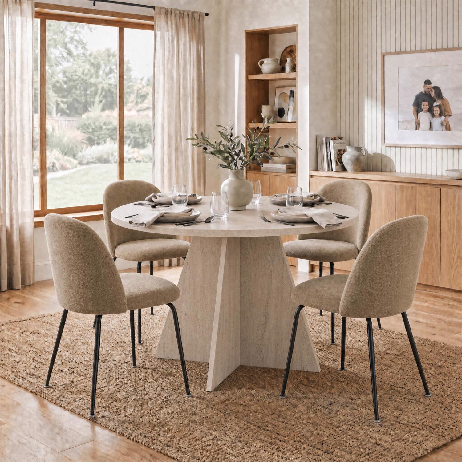 Erin 120cm Round Travertine Dining Table & 4 Freya Mustard Dining Chairs